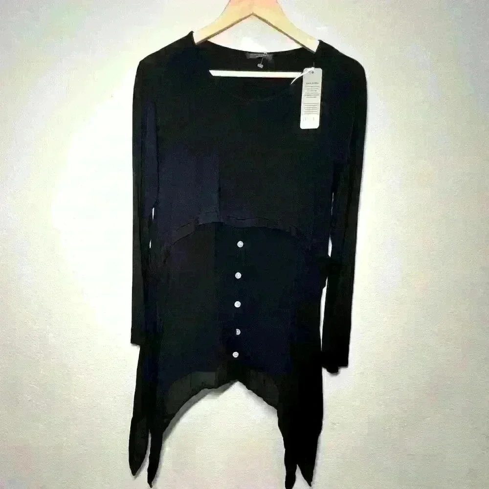 CATHERINE LILLY WHITE Long Sleeve Black Blouse Flower Bottom Sz M Made In Italy